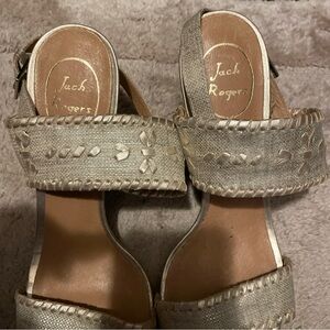 Jack Rogers metallic gold and linen stacked heel wedge sandal   Size 8.5